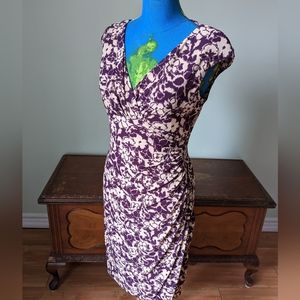 Women's Ralph Lauren V front faux wrap dress. Eggplant purple and vintage cream